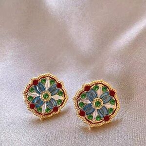 Colorful Floral Stud Earrings 🌼 Enamel Rhinestone Gold Tone Vintage Style